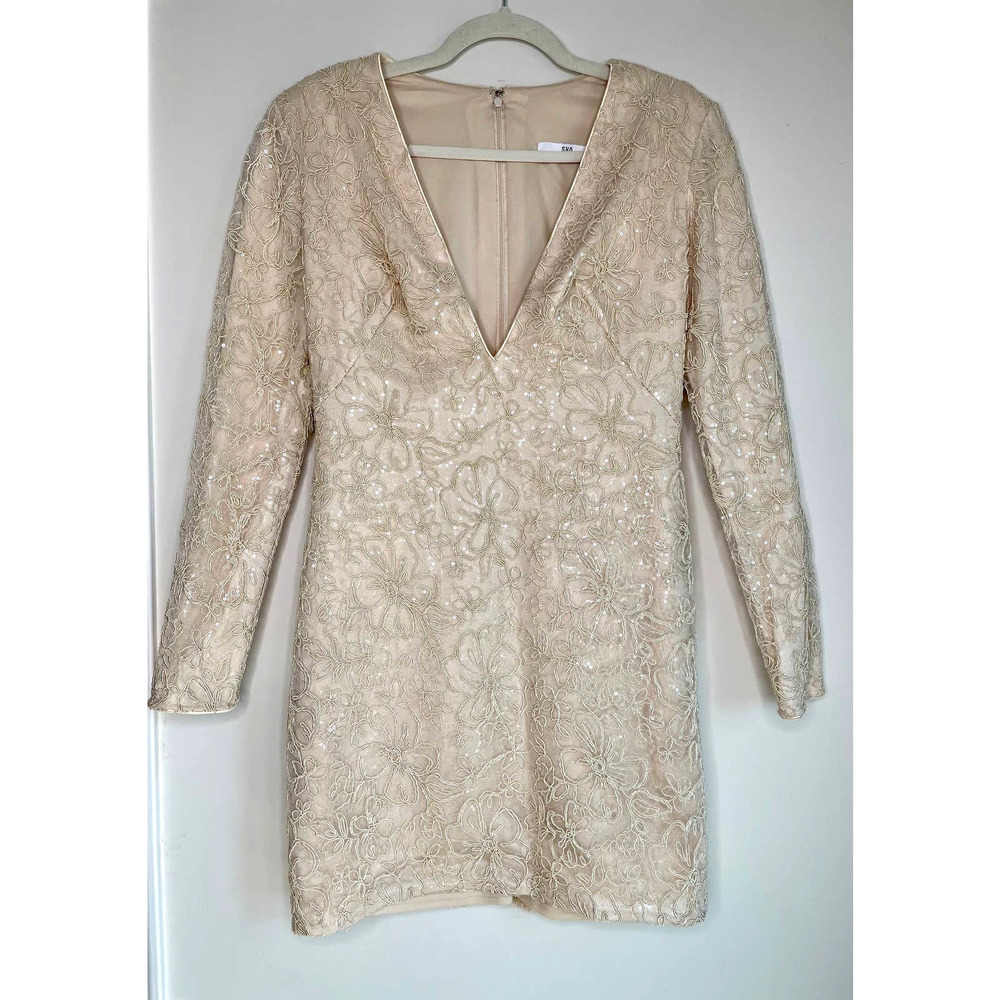 NWT TADASHI SHOJI Plunge Neck Long Sleeve Jacquard Floral Sequin Minidress 6 - Picture 5 of 16
